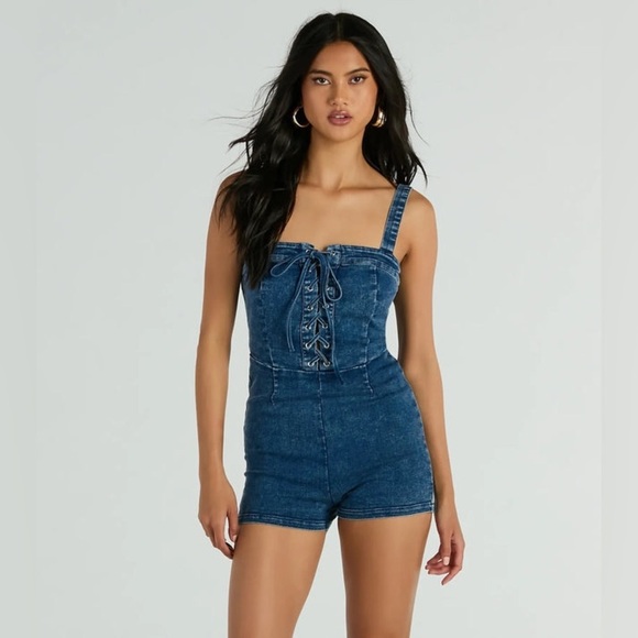 Windsor Pants - Windsor Denim Lace-Up Romper Size M Blue Corset Style Bodycon Festival Western